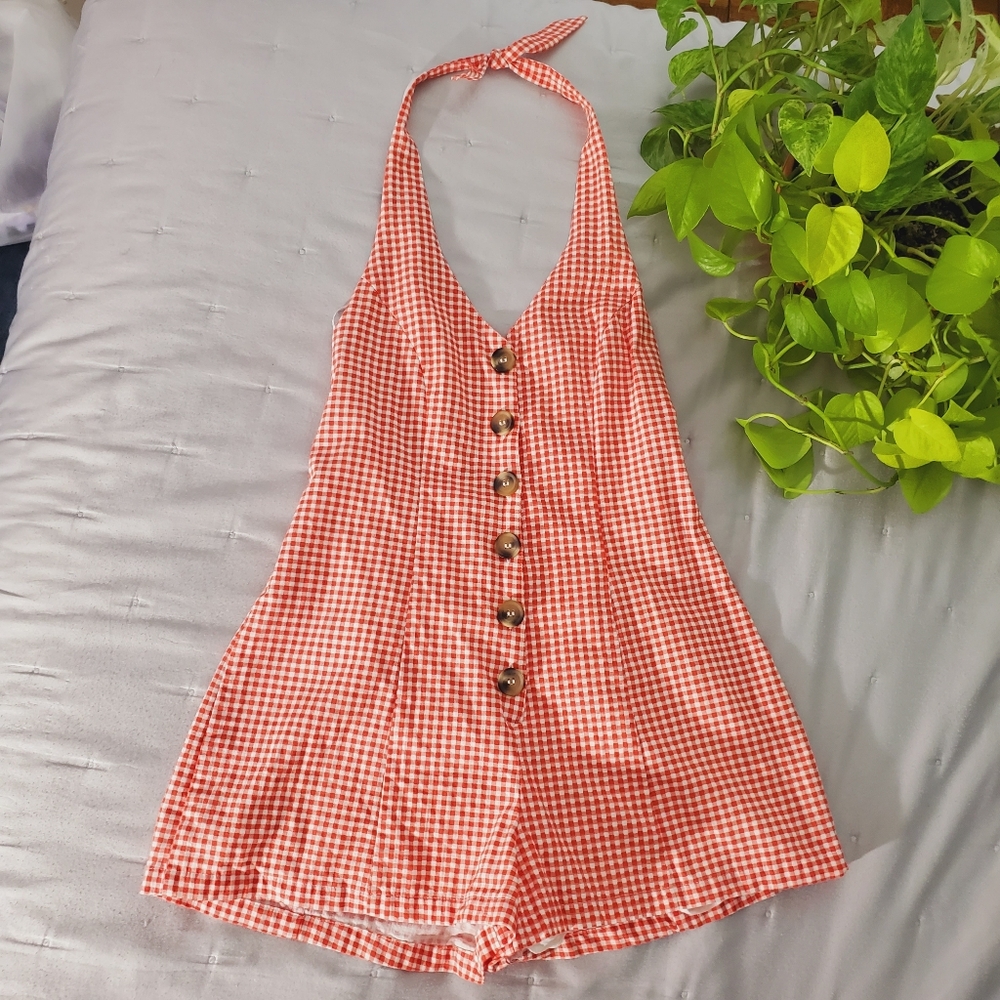Urban Outfitters Retro Red Checkered Halter Romper Short